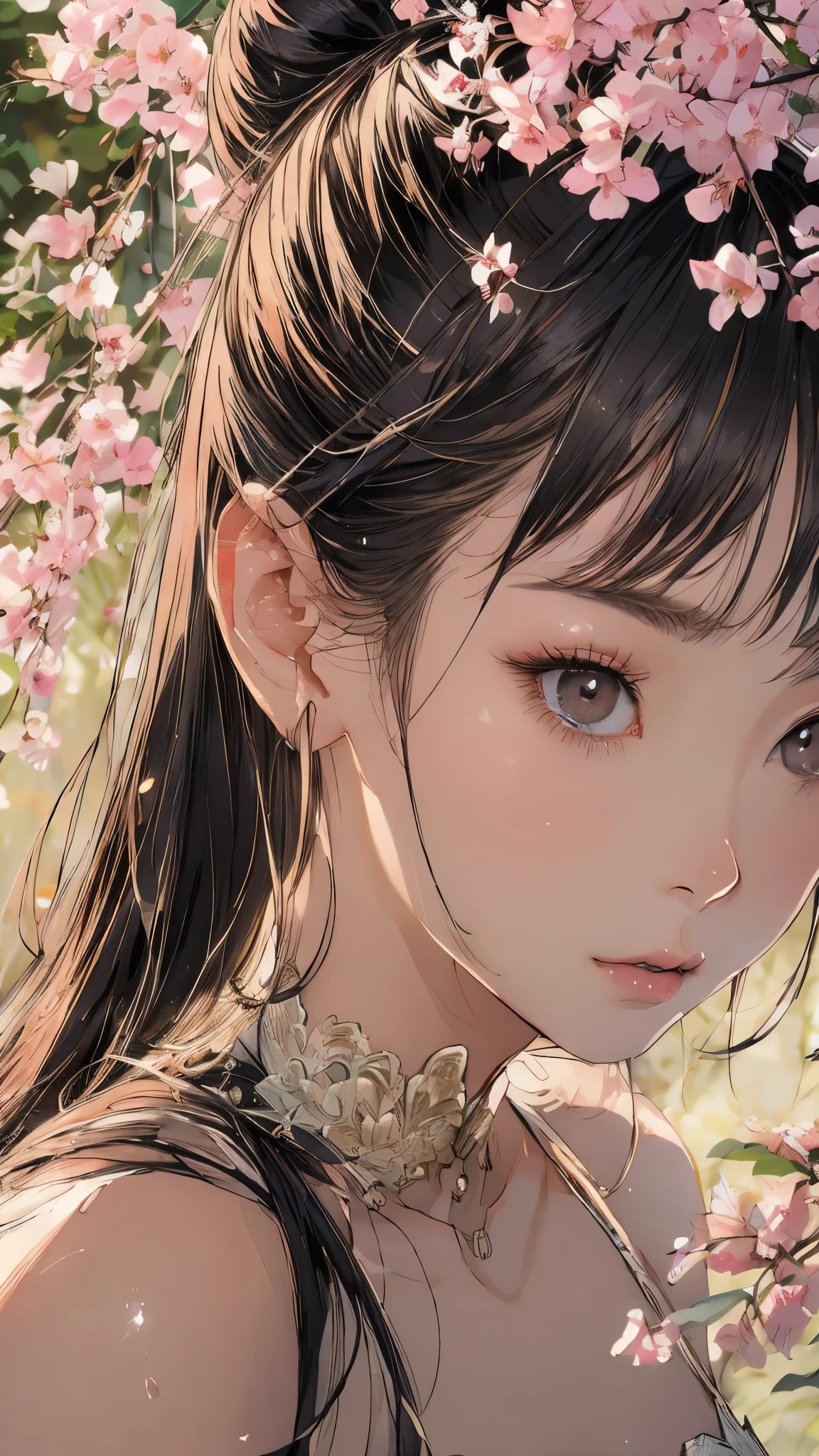 Beautiful and attractive Chinese women、Half-body photo、Delicate and sexy collarbone、Attractive oval face、double eyelid、bright peach-colored eyes、Pink Lips、Small Nose、Pouting、Concentrated face、Face close-up、Black Hair、Hair Bun、Ultra-high resolution、Super detailed、Pink Chinese dress、Fighter