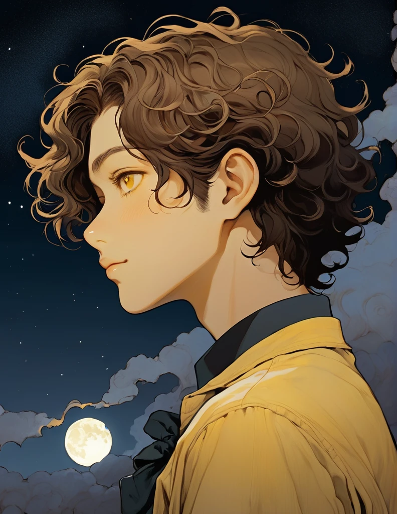 Vintage,junji ito style,sleeved,no bubbles,dark atmospher,yellow fog,inert boy,boy profile,brown eyes fair skin,brown hair curly hair,social clothes,Youngh,moonlight background,eyes in the background 