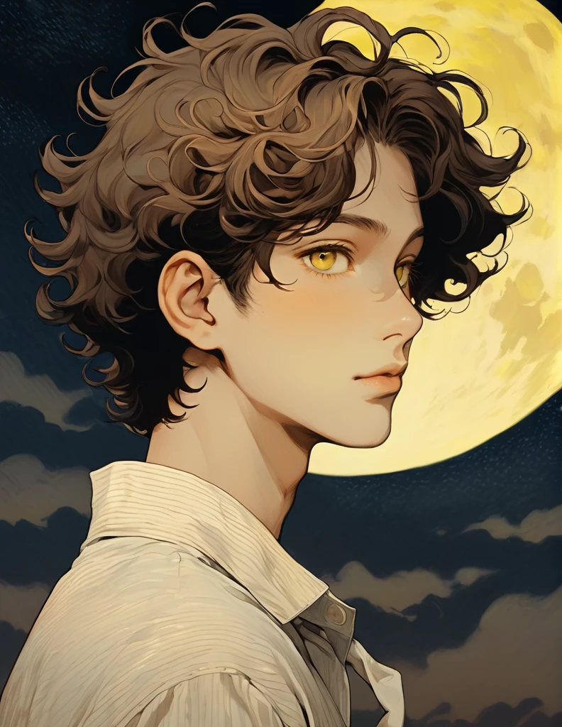Vintage,junji ito style,sleeved,no bubbles,dark atmospher,yellow fog,inert boy,boy profile,brown eyes fair skin,brown hair curly hair,social clothes,Youngh,moonlight background,eyes in the background 