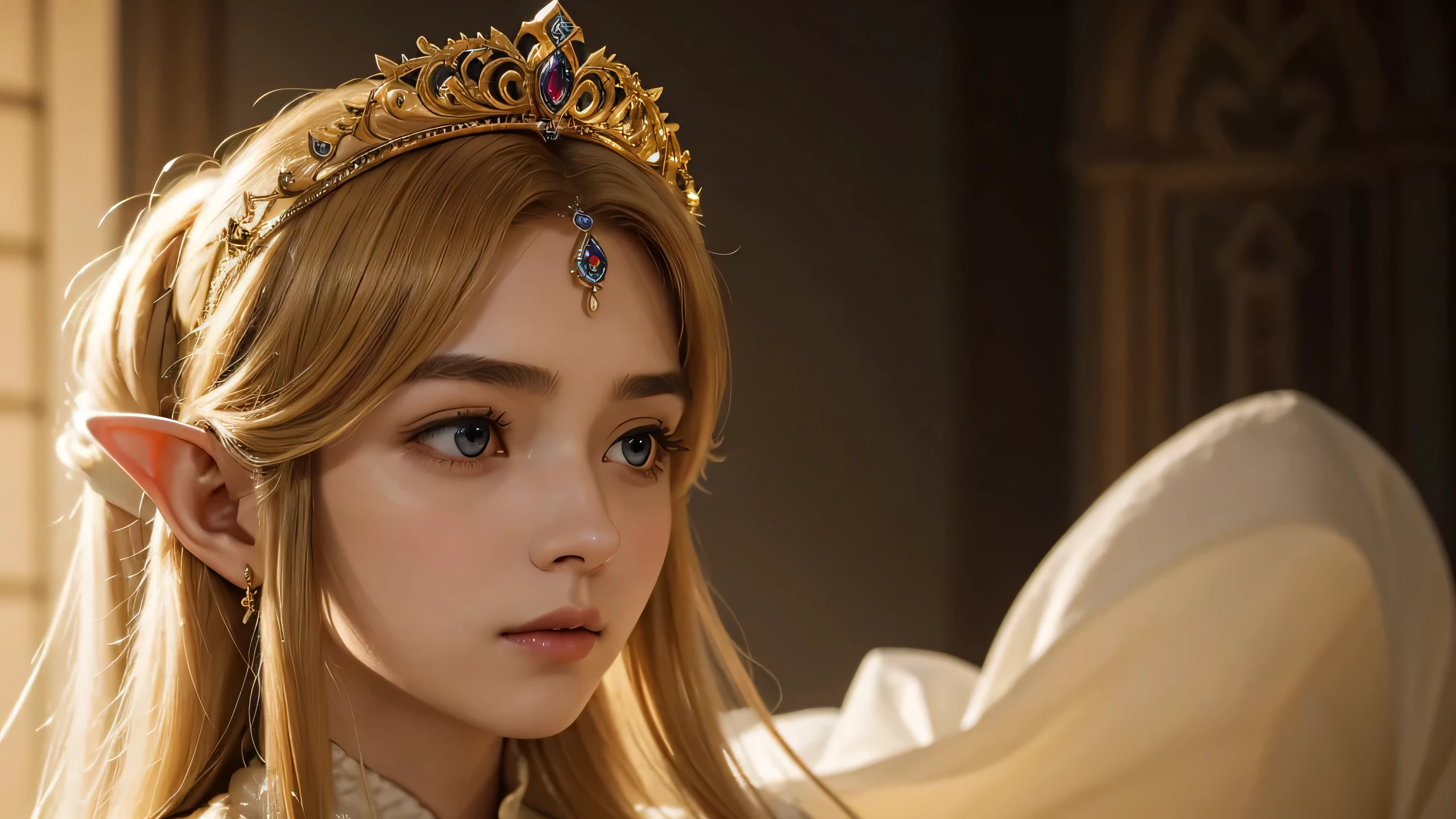 "A delicate and detailed portrait of Princess Zelda from The Legend of Zelda, focusing on her upper body and face. Zelda stands with an air of quiet elegance, her posture regal and composed. She is adorned in a finely crafted royal gown, the fabric rich and textured, with intricate golden embroidery forming the Triforce symbol and other ancient patterns along the collar and bodice. Her long, golden hair cascades over her shoulders, perfectly framing her face. A delicate tiara rests gently on her forehead, encrusted with small, shimmering gems that catch the light. Zelda's face is a picture of grace, with smooth, porcelain-like skin and soft, delicate features. Her deep violet eyes are large and expressive, reflecting wisdom, compassion, and an inner strength. Her lips are slightly parted, showing a calm and gentle expression, as if she is on the verge of speaking. The overall impression is one of serene beauty and dignified power, embodying the spirit of the princess of Hyrule."