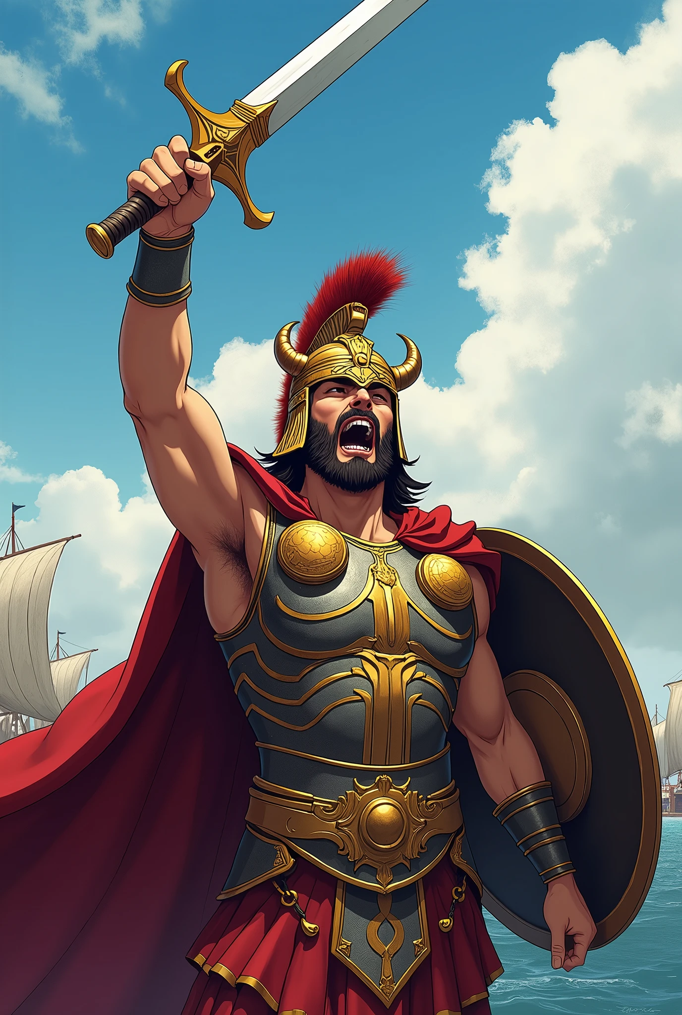 Agamemnon from Greek mythology, leading the army to the Trojan War, ((anime styling)), detailed mycenaean armor, maximum quality, wearing a Mycenaean helmet with small horns, using a sword and shield, pointed sword upwards, making a war cry.