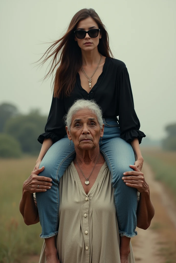 Create a photo of a 20 year old young woman, with a slender and beautiful body, wearing jeans and a long black blouse, with white and clear skin, with long brown hair and wearing sunglasses being carried on the shoulders of a 90 year old elderly lady, obese, with dark black skin and wearing a dress.