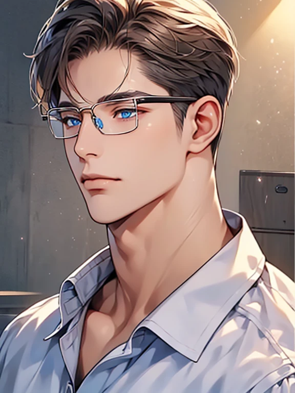masterpiece, best quality, 1male, brunette hair, blue eyes, glasses, white shirt, mugshot, wall background, detailed eyes, CEO, Officehome background, detailed facial features, realistic and high resolution (best quality, 4k, 8k, highres, masterpiece:1.2)