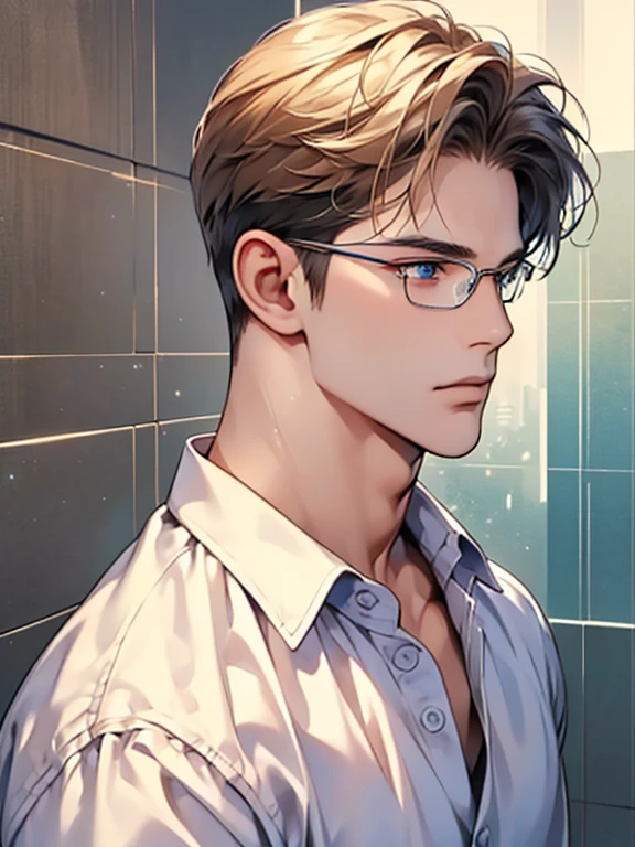 masterpiece, best quality, 1male, brunette hair, blue eyes, glasses, white shirt, mugshot, wall background, detailed eyes, CEO, Officehome background, detailed facial features, realistic and high resolution (best quality, 4k, 8k, highres, masterpiece:1.2)