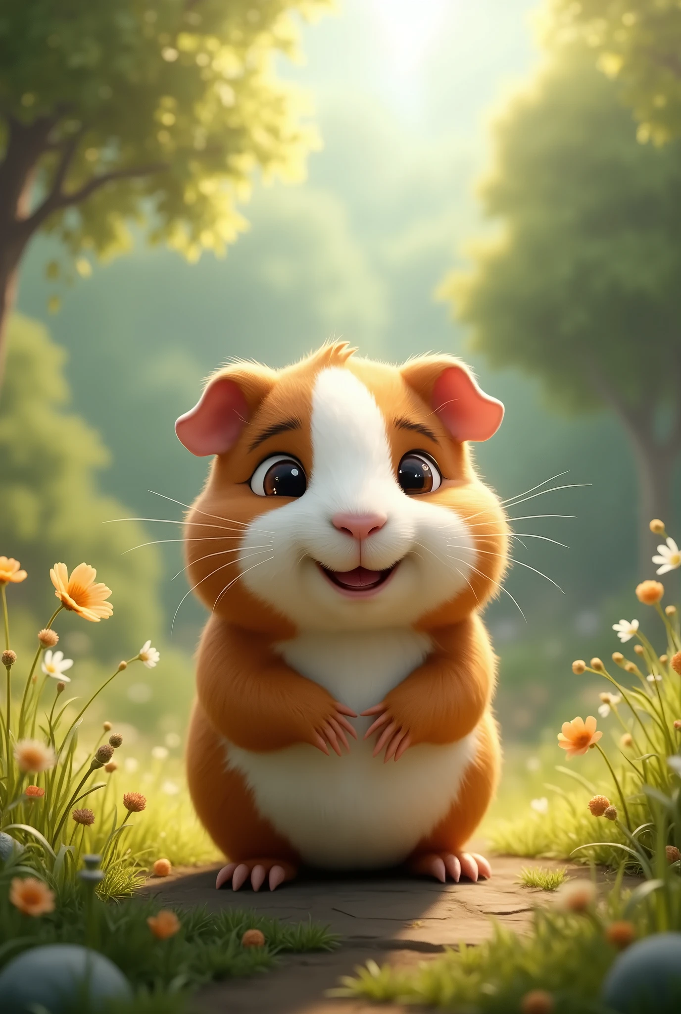 the brown and white guinea pig that participates in the film "G-FORCE" standing in a clearing smiling