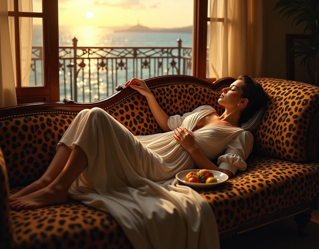 Un portrait très réaliste et précis d'une femme andalouse, dormant sur un canapé en bois et en fourrure léopard, les pieds nus. Derrière elle se trouve un balcon donnant sur la mer. La vue du coucher de soleil est magnifique. Elle ressemble à un tableau de Jean-Léon Gérôme datant de 1550. Elle tient une plume d'autruche à la main. Il y a une assiette de fruits à côté. Image cinématographique