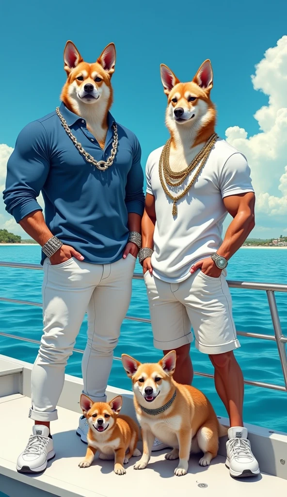 An admirable picture of a muscular human dog standing confidently on a boat. The dog on the left is wearing a blue long-sleeved shirt with silver chains and white pants, while the dog on the right is wearing a white shirt with gold leash and shorts. White. Both dogs have stylish sneakers and are equipped with eye-catching jewelry. In the background, calm blue water and clear skies create a vibrant background, with smaller dogs sitting curiously at their feet.