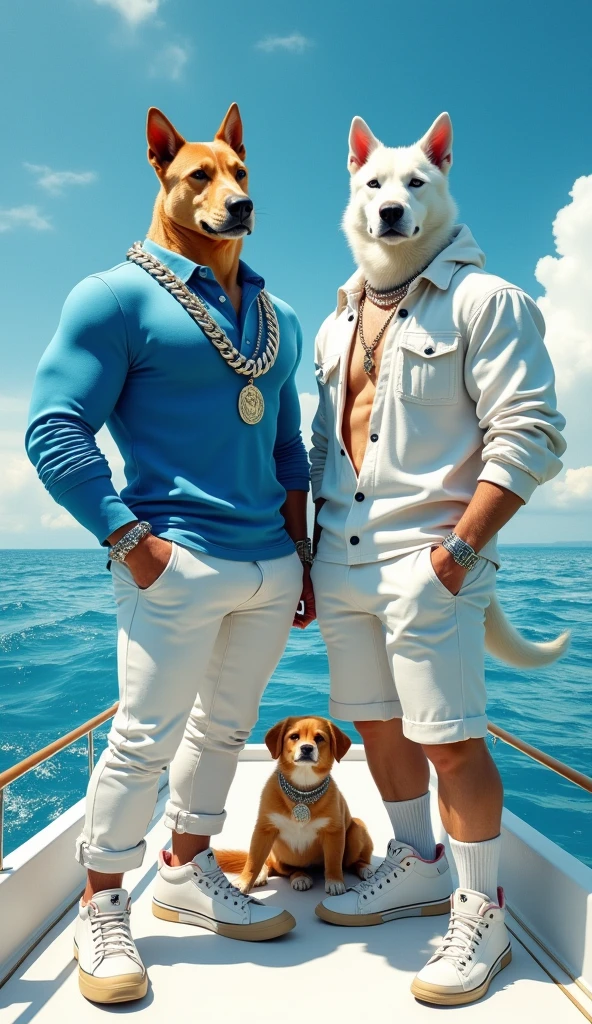 An admirable picture of a muscular human dog standing confidently on a boat. The dog on the left is wearing a blue long-sleeved shirt with silver chains and white pants, while the dog on the right is wearing a white shirt with gold leash and shorts. White. Both dogs have stylish sneakers and are equipped with eye-catching jewelry. In the background, calm blue water and clear skies create a vibrant background, with smaller dogs sitting curiously at their feet.