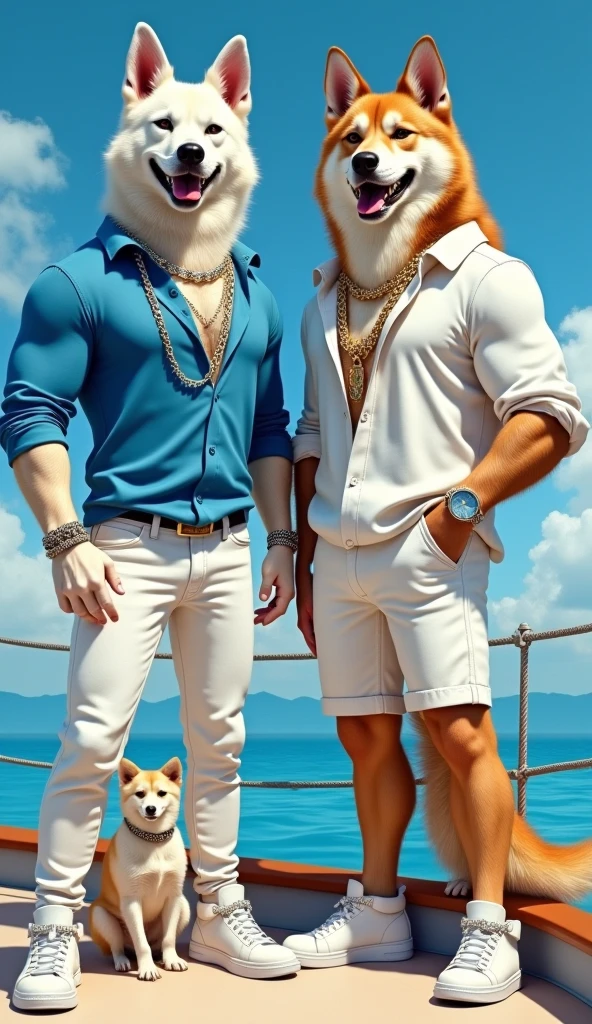 An admirable picture of a muscular human dog standing confidently on a boat.   The dog on the left is wearing a blue long-sleeved shirt with silver chains and white pants, while the dog on the right is wearing a white shirt with gold leash and shorts.  White.   Both dogs have stylish sneakers and are equipped with eye-catching jewelry.   In the background, calm blue water and clear skies create a vibrant background, with smaller dogs sitting curiously at their feet.