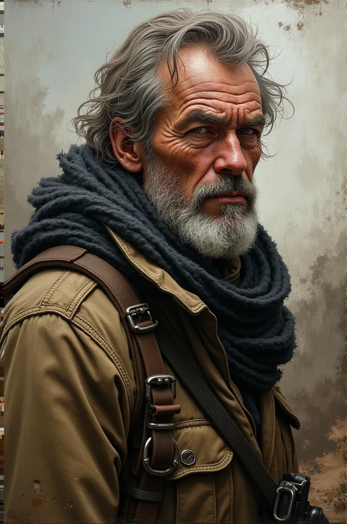 A rough oil paint of a worn out man in a countless wars