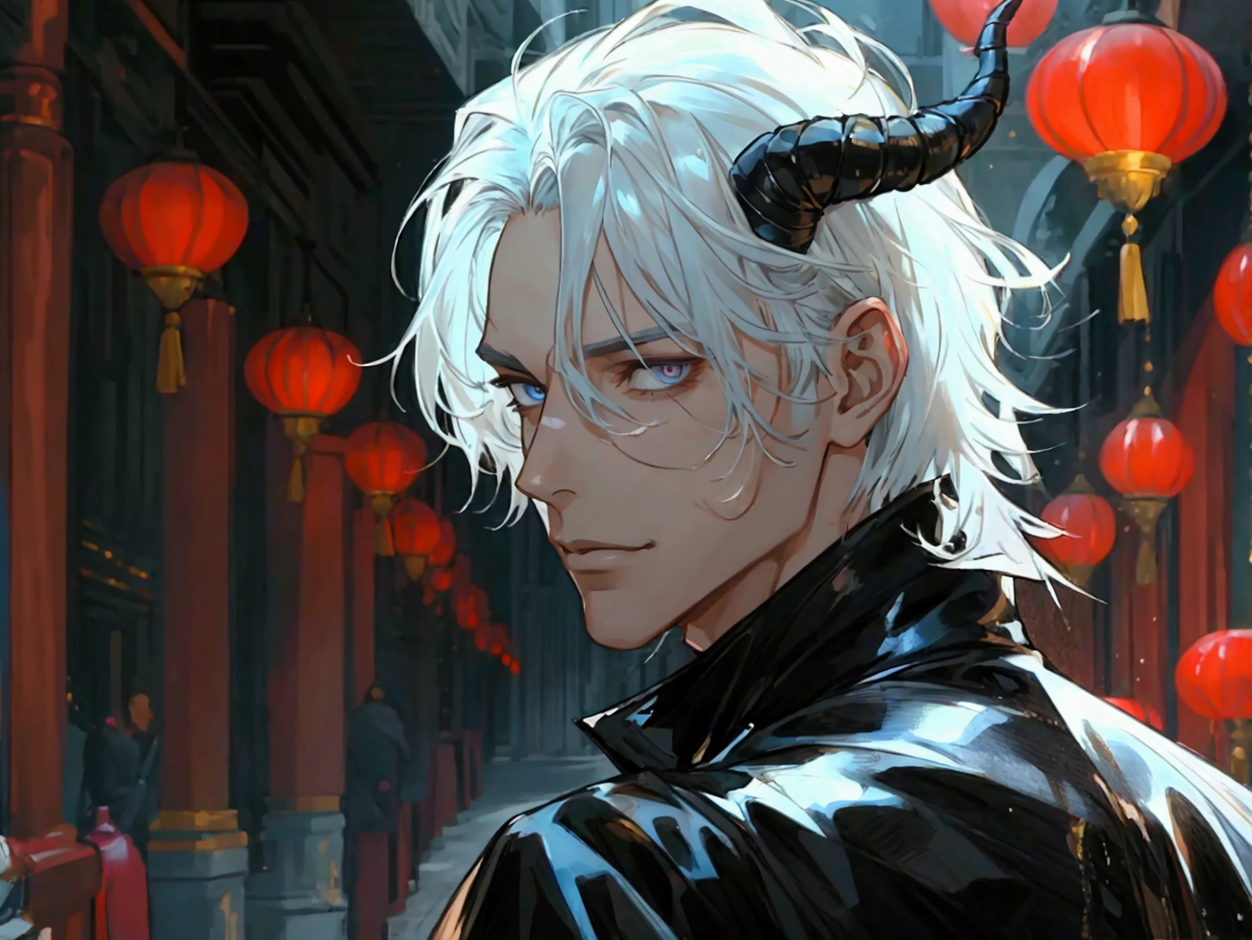 (masterpiece, best quality:1.2), (absurd res, high res, ultra detailed), 1 male, adult, handsome, tall , broad shoulders, white hair,(very short hair, buzzed at forehead) , finely detailed eyes, portrait, looking at viewer, solo, half shot, detailed background, detailed face, (god of Ghenna ), smirk, devil, Long black latex tunic, Bare shoulders, bare arms, long black Gloves,