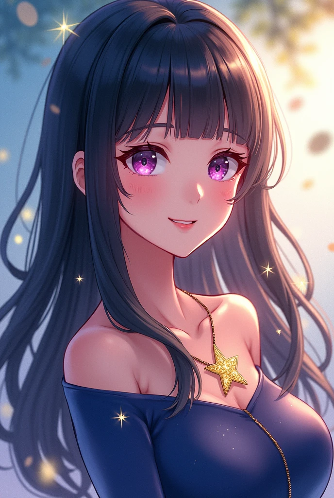 Create a smiling female character, with straight, flowing black hair with blonde bangs, a star cord, and a dark blue top. 