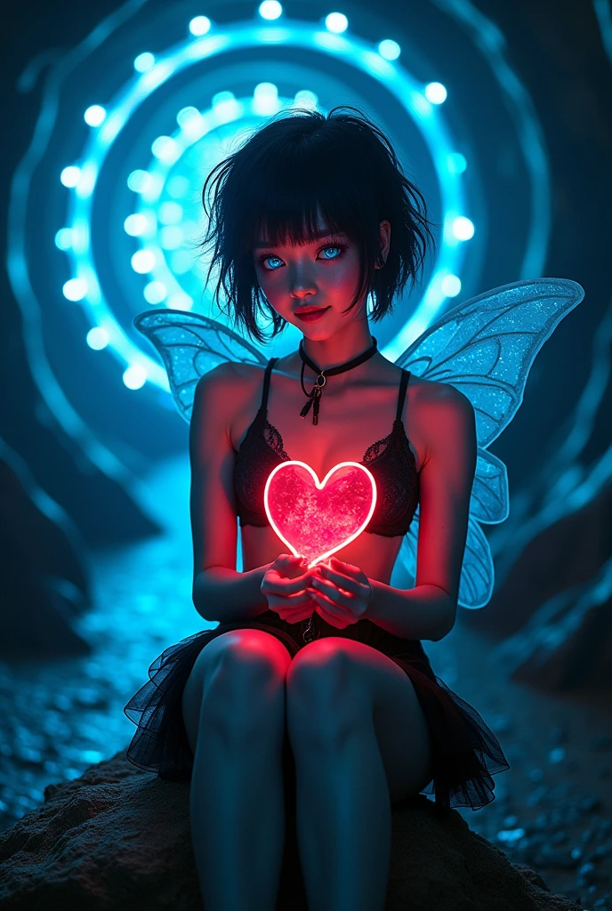 A beautiful and radiant woman, a friendly smile, luminous blue eyes, cute smile, Holding a magical [heart-shaped red]::5 light orb in her hands, the heart's glow illuminates her face, casting a soft and enchanting radiance. She has blue skin, angel wings, Gothic, stunning, a perfect and accentuated body with curves. A portrait of a whimsical and mysterious young forest fairy named Xuri, with long limbs and white angel wings. Short and elegantly messy black hair, cut at chin length, with captivating charm. Wearing a futuristic and captivating clubber outfit, she exudes an air of both elegance and edginess. She's seated on a rock inside a dark tunnel illuminated solely by LED lights on the ceiling, intricate details, high resolution