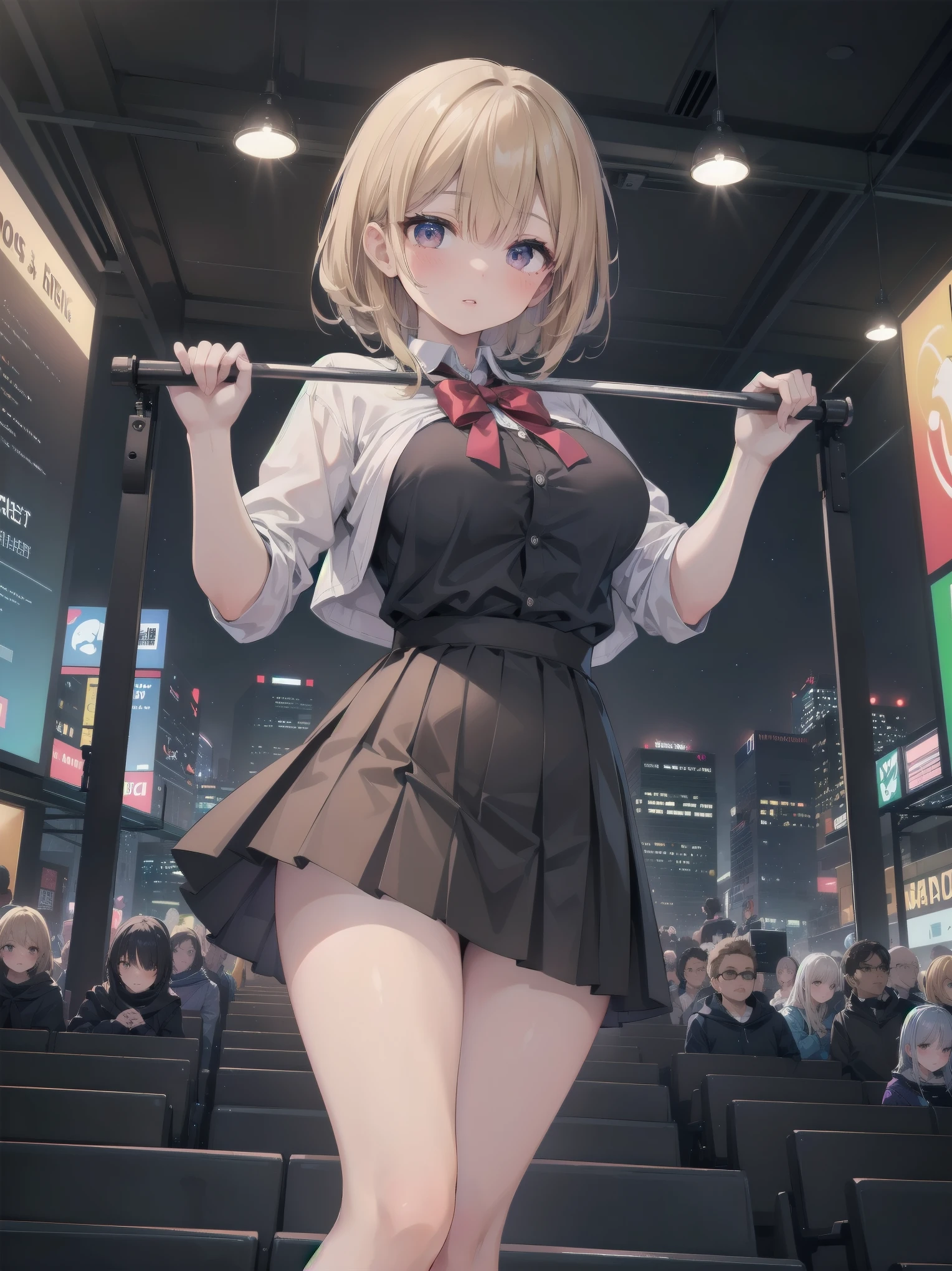 Highly detailed CG Unity 8k wallpaper, best quality, highly detailed, masterpiece, Highly detailed cute girl, 1, (((lifting skirt by herself))), (lifting by herself), dynamic angles, sexy pose, blush, lips apart, looking at the audience , half body shot, (crowd), (crowded big city)), hair over one eye, immaculate beauty, upscale, less revealing clothing