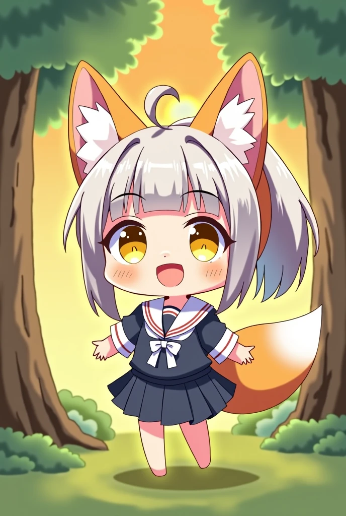 highres, , a fox, nenodroid, glad, laughing, standing, looking at viewer, ponytail, blunt cut, silver hair, golden eyes, big eyes, eyes open, fair skin, chibi, slim, mini skirt, school uniform, sailor uniform, ribbon, with fox ears, , japanese, white background, in the forest, with a sun, with a tree, kawaii, chibi anime, soft-edged, full body shot, from front, sunrise
