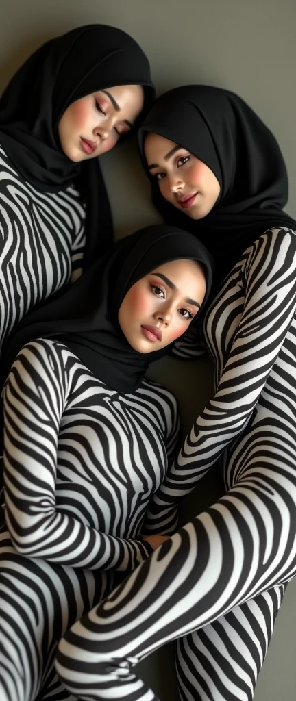 5 beautiful,thin,most pretty and clever Asian muslimah women with beautiful cheeks wear plains zebra print lycra footed turtleneck unitard catsuit covered with stripes and plains zebra print lycra elastane stretchy dancewear hood hijab covered with stripes.They are sleeping on the mattress