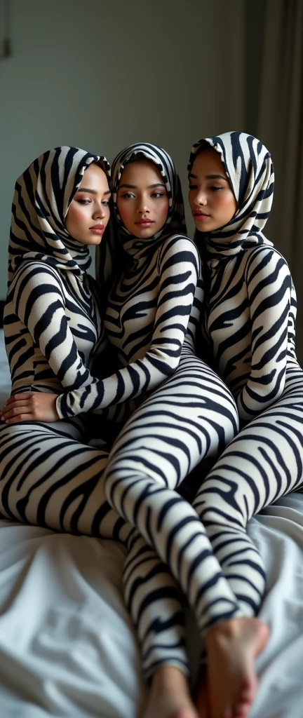 5 beautiful,thin,most pretty and clever Asian muslimah women with beautiful cheeks wear plains zebra print lycra footed turtleneck unitard catsuit covered with stripes and plains zebra print lycra elastane stretchy dancewear hood hijab covered with stripes.They are sleeping on the mattress