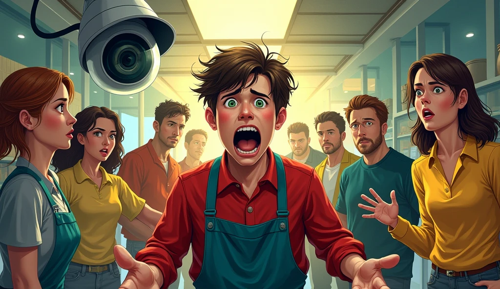 An illustration, a young man all unkempt, with boy uniform, red and teal and yellow, screaming looking at the security camera that films 360° image, coworkers trying to calm him down, customers looking at him worriedly in the background.