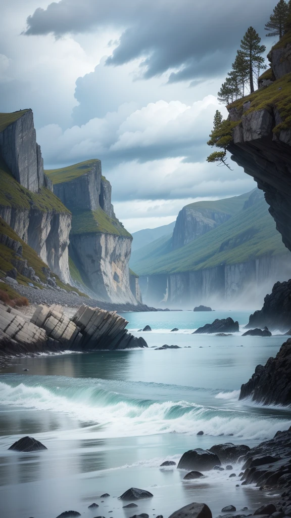 fjord,
beach front,
beach view,
clear water,
clouds,
hdr,
rocks,
smoth waves,
falls,
trees,
birds,
sea front,
sea view,
white sand,
rainy day,
smoth fog,