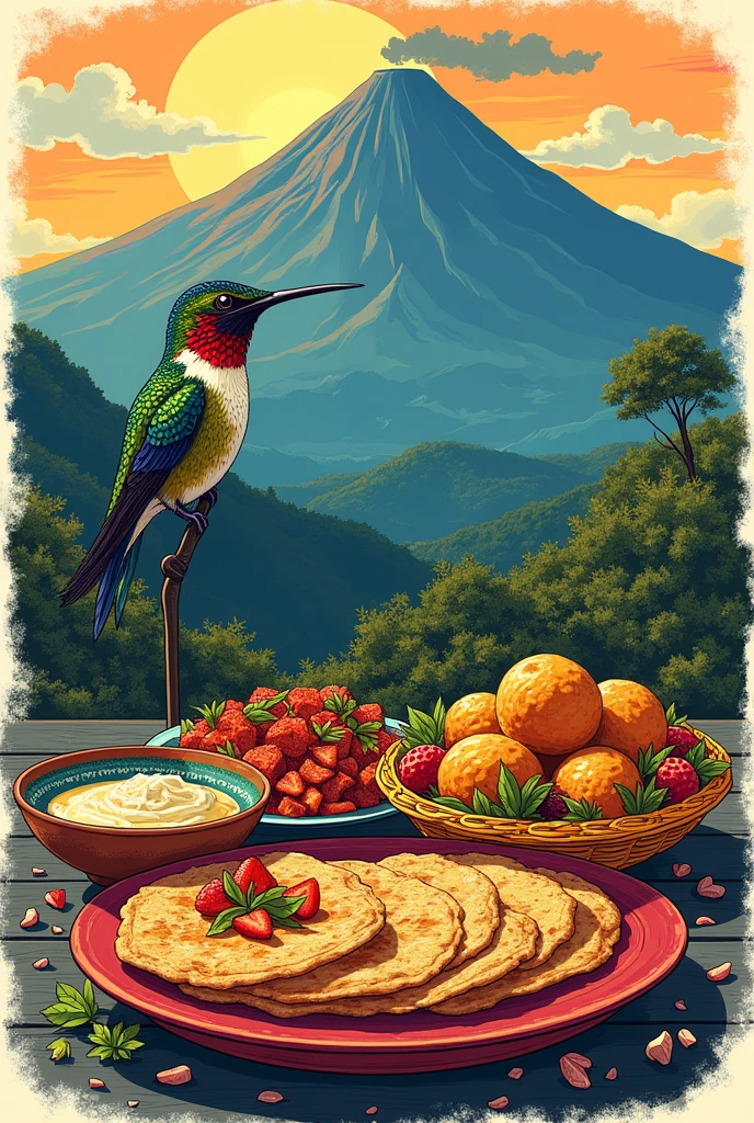 Create rectangular drawing-type images of El Salvador using the typical food and the national bird of the Boqueron volcano as an example