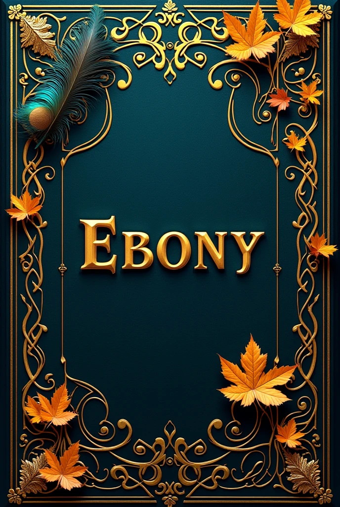 Cover for a book: Black with golden arabesques and turquoise tones. There are peacock feathers and golden leaves scattered. Written " Ebony". realisitic.