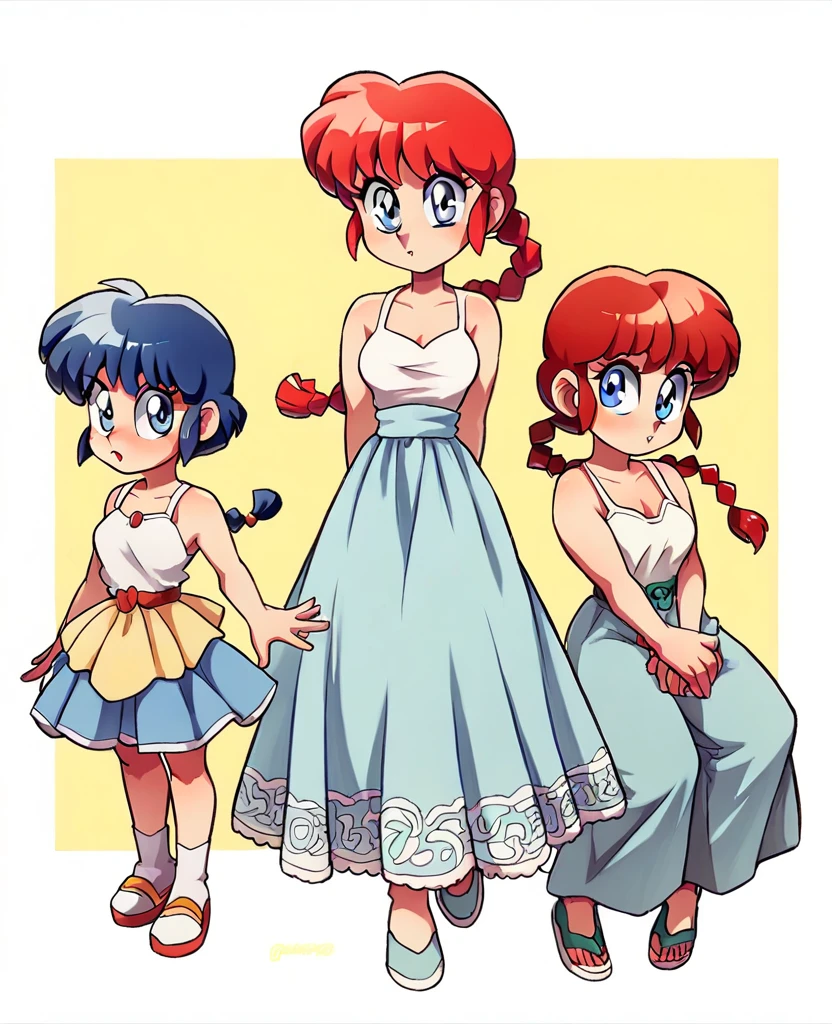 comics(Ranma 1/2)，Using the female Saotome Ranma prototype, 1 girl,Clear contours, Colorful full body photos, (Beautiful and delicate eyes), (pretty face:1.3), childish face, (Red hair), short hair, (Braided ponytail), ((Bangs)), bumpy Bangs, blue gray eyes, big eyes，Wear a white camisole top(lace)，Yellow close-fitting skirt，White women&#39;s high heels，Face the camera head-on，One foot is slightly bent against the calf of the other leg，Lift it slightly to make a small triangle，Make a Y with your hands。