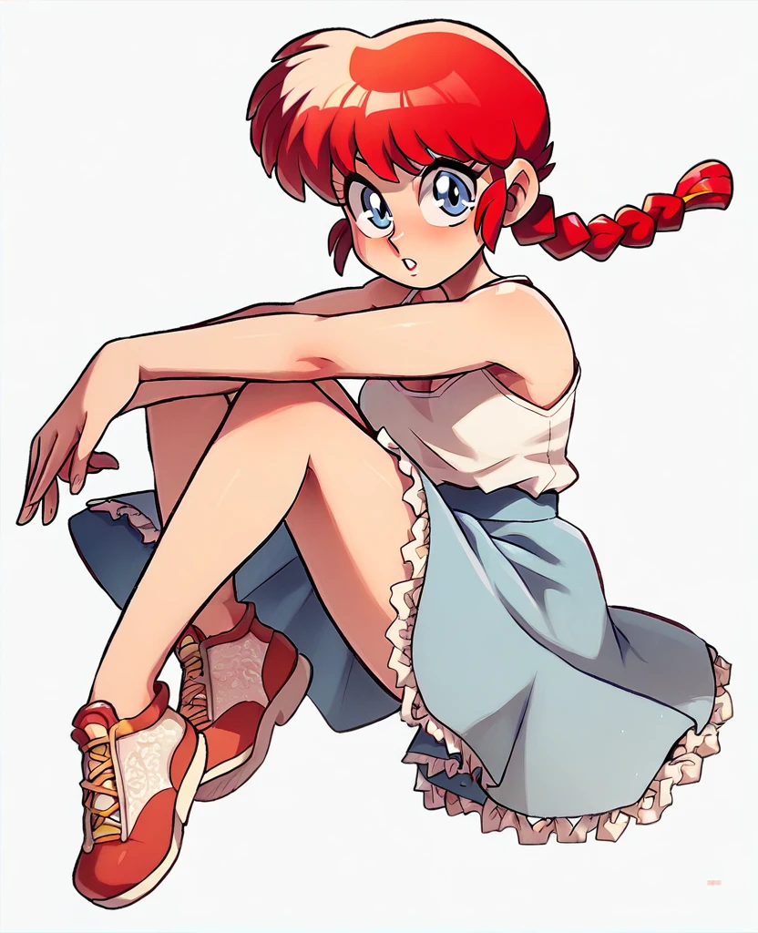 comics(Ranma 1/2),Using the female Saotome Ranma prototype, 1 girl,Clear contours, Colorful full body photos, (Beautiful and delicate eyes), (pretty face:1.3), childish face, (Red hair), short hair, (Braided ponytail), ((Bangs)), bumpy Bangs, blue gray eyes, big eyes,Wear a white camisole top(lace),Yellow close-fitting skirt,White women's high heels,Face the camera head-on,One foot is slightly bent against the calf of the other leg,Lift it slightly to make a small triangle,Make a Y with your hands。