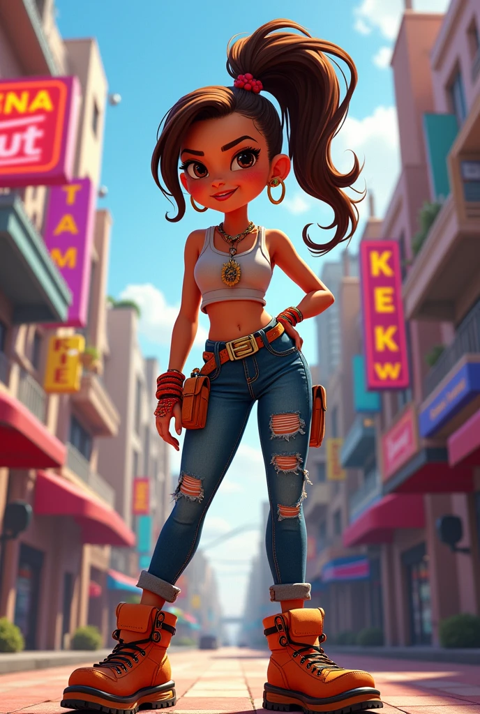 DISNEY PIXAR COVER GIRL WITH LIGHT BROWN HAIR AND HONEY COLORED EYES DRESSED AS A CHOLA