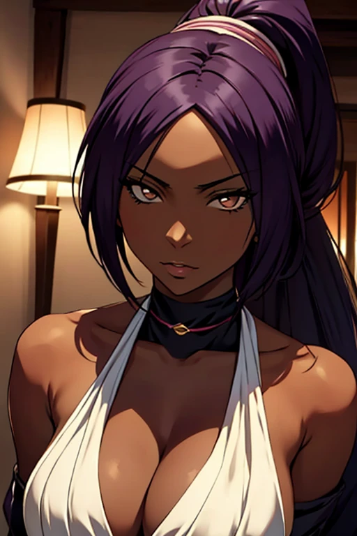 Yoruichi Shihouin, masterpiece), (portrait), medium breasts (aesthetics), A 3 woman , romantic lighting that enhances her feminine features.