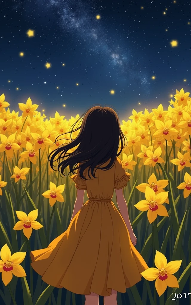 [anime styling], girl from the back (doesn&#39;t show face) observes the starry sky over a field of yellow orchids, in the sky the stars form the symbol of the sign Virgo, girl wears amber colored dress that is fluttered by the breeze of the wind, hair in the wind, beautiful night