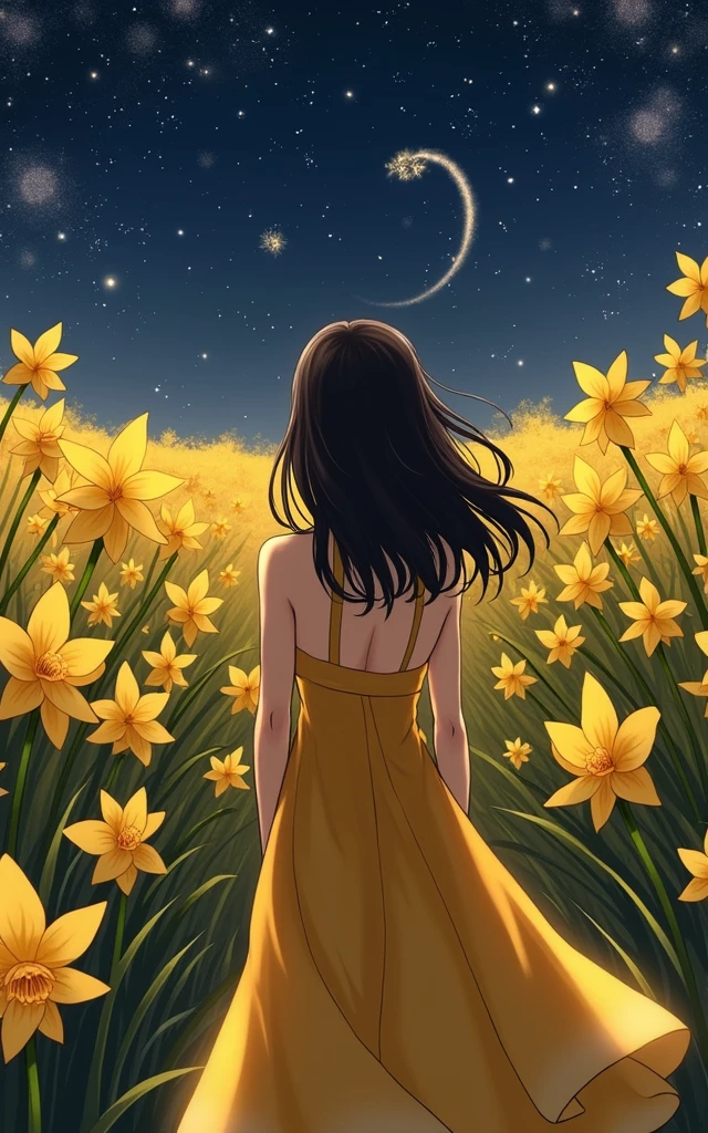 [anime styling], girl from the back (doesn&#39;t show face) observes the starry sky over a field of yellow orchids, in the sky the stars form the symbol of the sign Virgo, girl wears amber colored dress that is fluttered by the breeze of the wind, hair in the wind, beautiful night