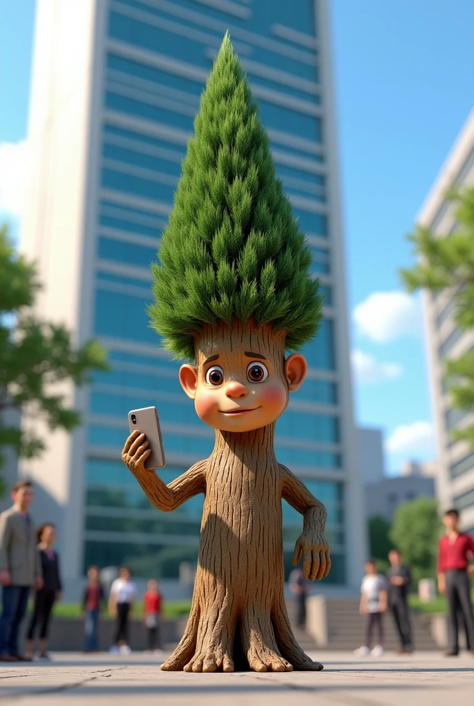 Create a Pixar-style image where there is a humanized pine tree with a phone in its hand and standing at the headquarters of the United Nations Organization 