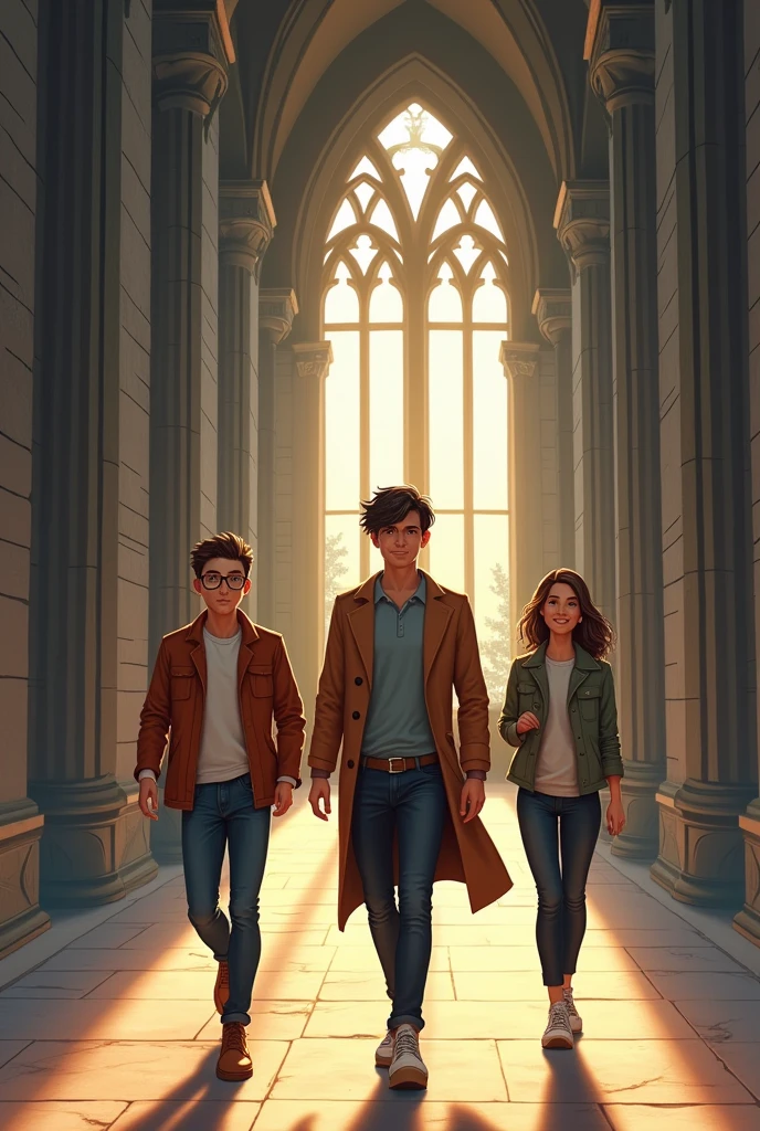 To create the illustration of the three friends walking down a castle hallway, I will imagine the scene based on the characters' descriptions:
**Description of the scene:**
- **Scenario**: A long, imposing corridor inside a castle, with stone walls, and large windows that let in the soft morning light. The floor is made of polished stone, creating a historic and grand atmosphere..
- **Personagens**:
- **Adam (18-years old)**: Walk in front, showing a serious and determined air. Your posture reflects a strong sense of responsibility, perhaps with arms crossed or a focused gaze ahead.
He is self and does not wear glasses - **Carlos (19yearsold)**: Está ao lado de Adam, wearing glasses that reflect light. He has a thoughtful and intellectual expression, perhaps holding a book or making a gesture that suggests reflection.
Wearing clothes in blue tones - **Julius (18-years old)**: Walks alongside or slightly behind the other two, With a smile on his face. He is the most relaxed, perhaps gesturing excitedly or looking at friends with a mischievous expression.
Wearing clothes with warm tones.
They are all practically the same height