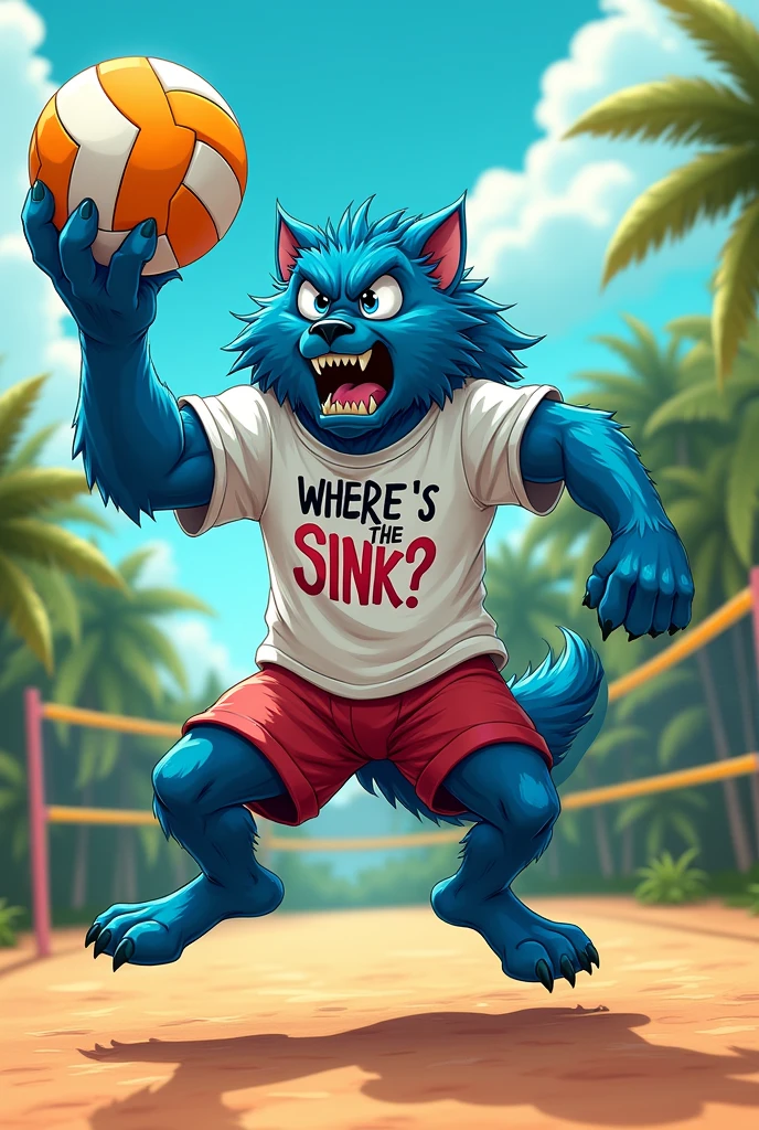 Angry blue animal playing volleyball with a shirt saying where&#39;s the sink? 