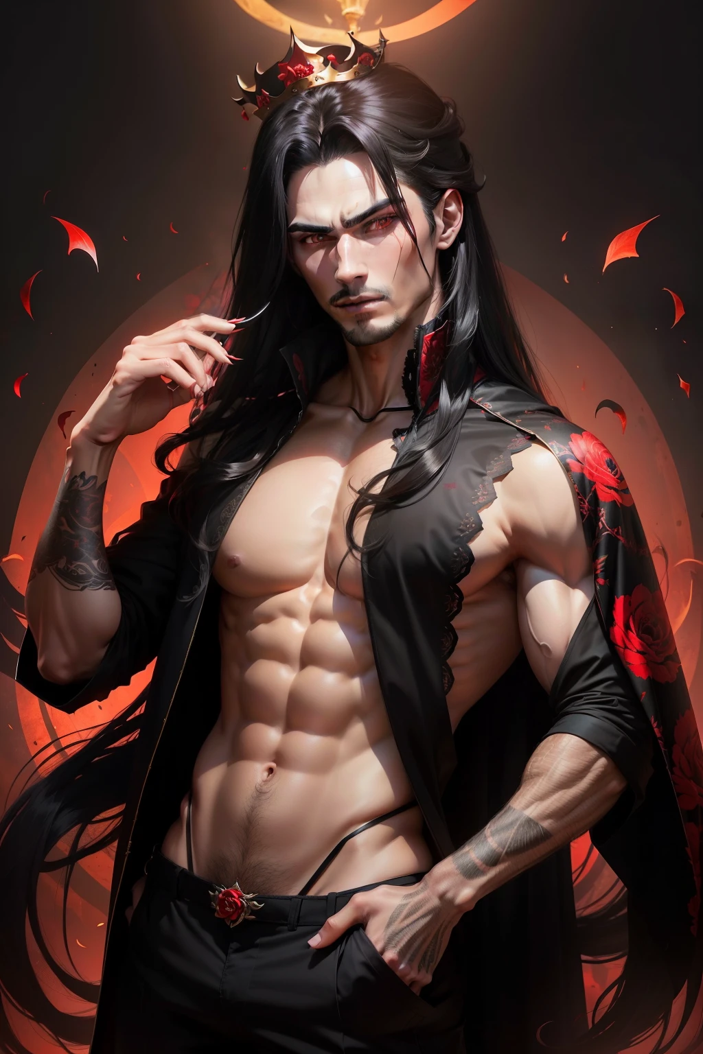 (8k,shipmentsrrealista　shipments　Maximum quality;1.4) (1  boy) Super handsome king of the underworld　(lifelike face) 　(long black hair with red tips, bright black and red floral hair)　slenderbody　Muscular and hairy and macho　Bright red and black floral aristocratic costume with large red eyes　bright red and black floral decoration　Fangs peeking out of the mouth　Pointed claws　a seductive gaze　Beautiful expression　A hyper-realistic　(King of the Underworld)　appealing　(real looking skin)　super high resolution　high détail　Luxury Red and Black Floral Trousers　red and black aura emanating from the body　effect　 without cover