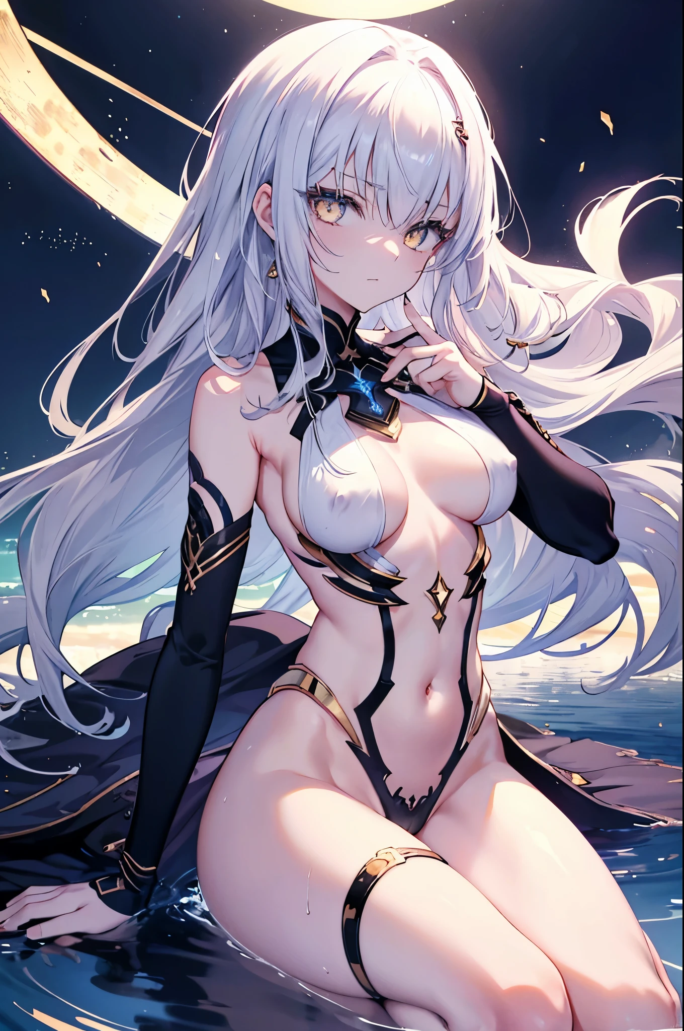 1girl, 1 female, Melusine, Fate Grand/Order anime style, ultra realistic, high detail, sexy pose, sexy, beautiful, exposed skin, slender, exposed breast, breast, exposed nipples, nipples, exposed vagina, vagina, nude, nudity, moon, stars, absurdres, high res, ultrasharp, 8K, UHD, retina, masterpiece, accurate, anatomically correct, perfect anatomy, textured skin, super detail, high details, high quality, award winning, best quality, high res, looking at viewer, detailed eyes, four fingers and one thumb per hand, perfect hands, perfect finger, two arms only, white hair, yellow eyes, full body, no clothes, revealing