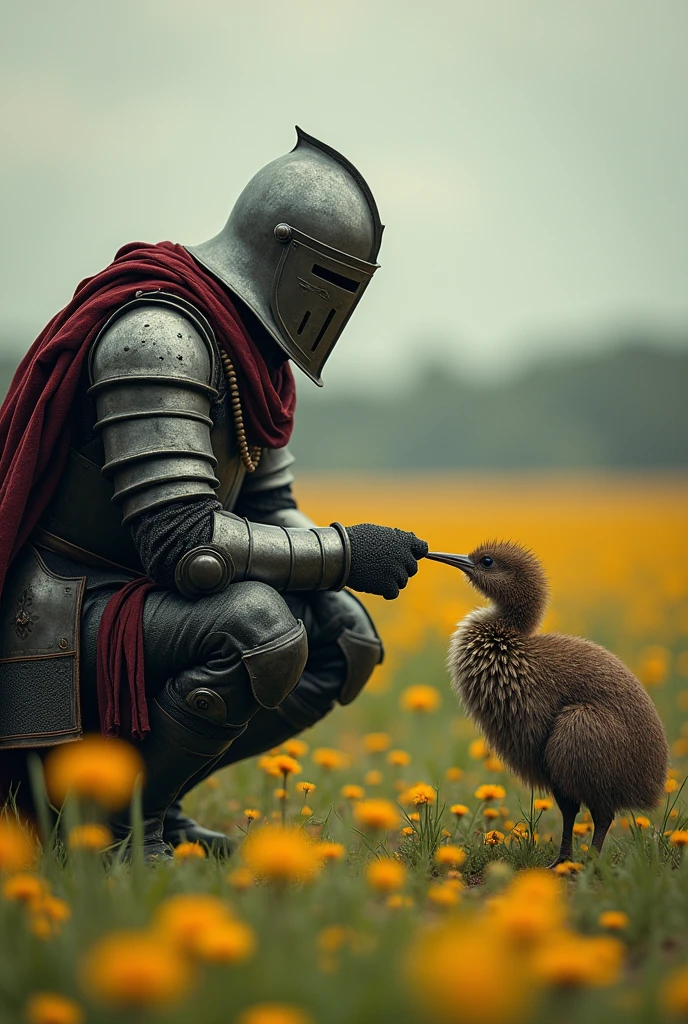 Medieval warrior with helmet covering his entire face (minute details in the armor which is of a general), on your knees and slightly crouched, leaning on his sword, Seeing a kiwi and touching its head with the tip of his fingers of one of his hands, that the warrior is in 3/4 in a field of flowers
