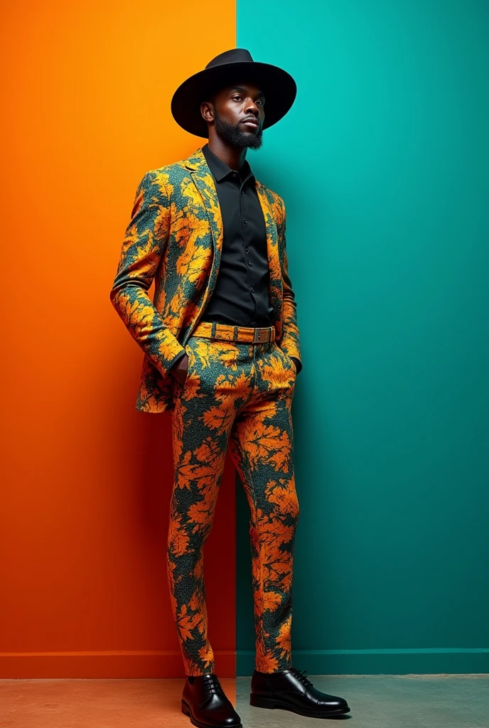 **a black man in a printed suit and hat standing on a colorful background, in the style of bold contrast and textural play, appropriation artist, asante art, bold fashion photography, optical, celebrity-portraits, dark orange and turquoise