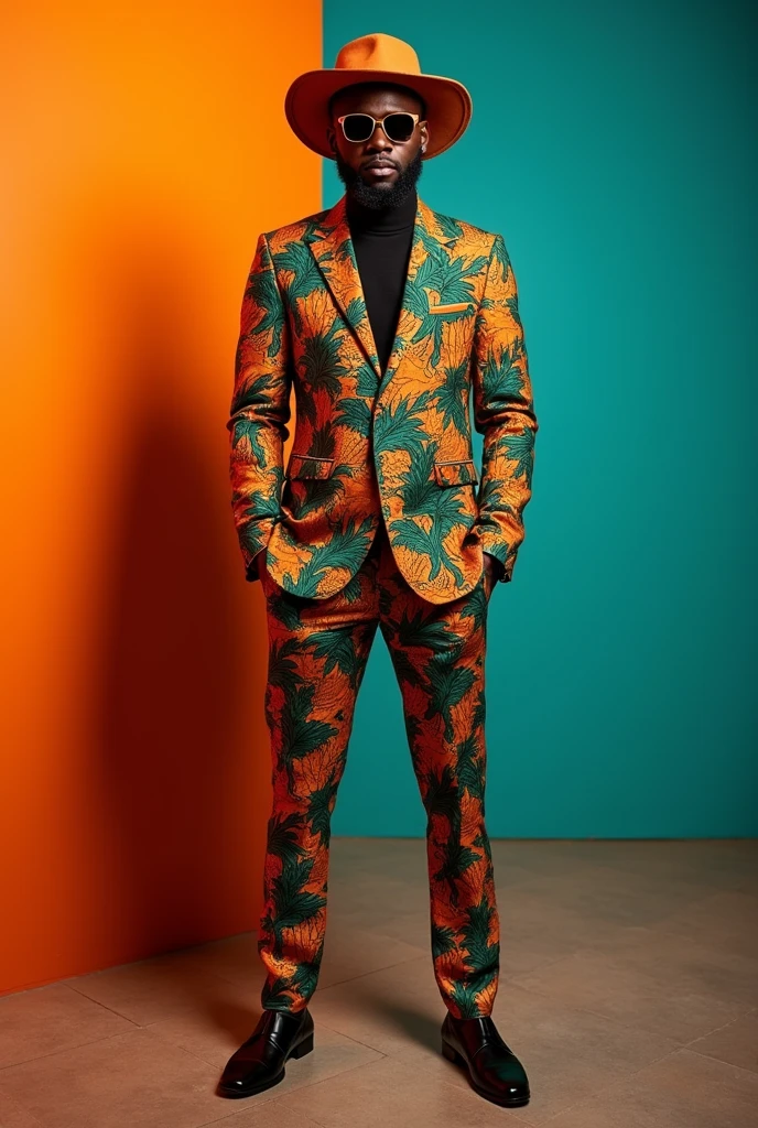 **a black man in a printed suit and hat standing on a colorful background, in the style of bold contrast and textural play, appropriation artist, asante art, bold fashion photography, optical, celebrity-portraits, dark orange and turquoise