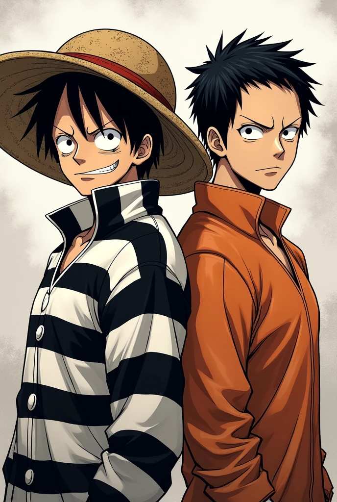 Monkey D. Luffy in a black and white striped long-sleeved prison uniform and Monkey D. .... Luffy in orange long sleeve prison uniform Original anime One Piece