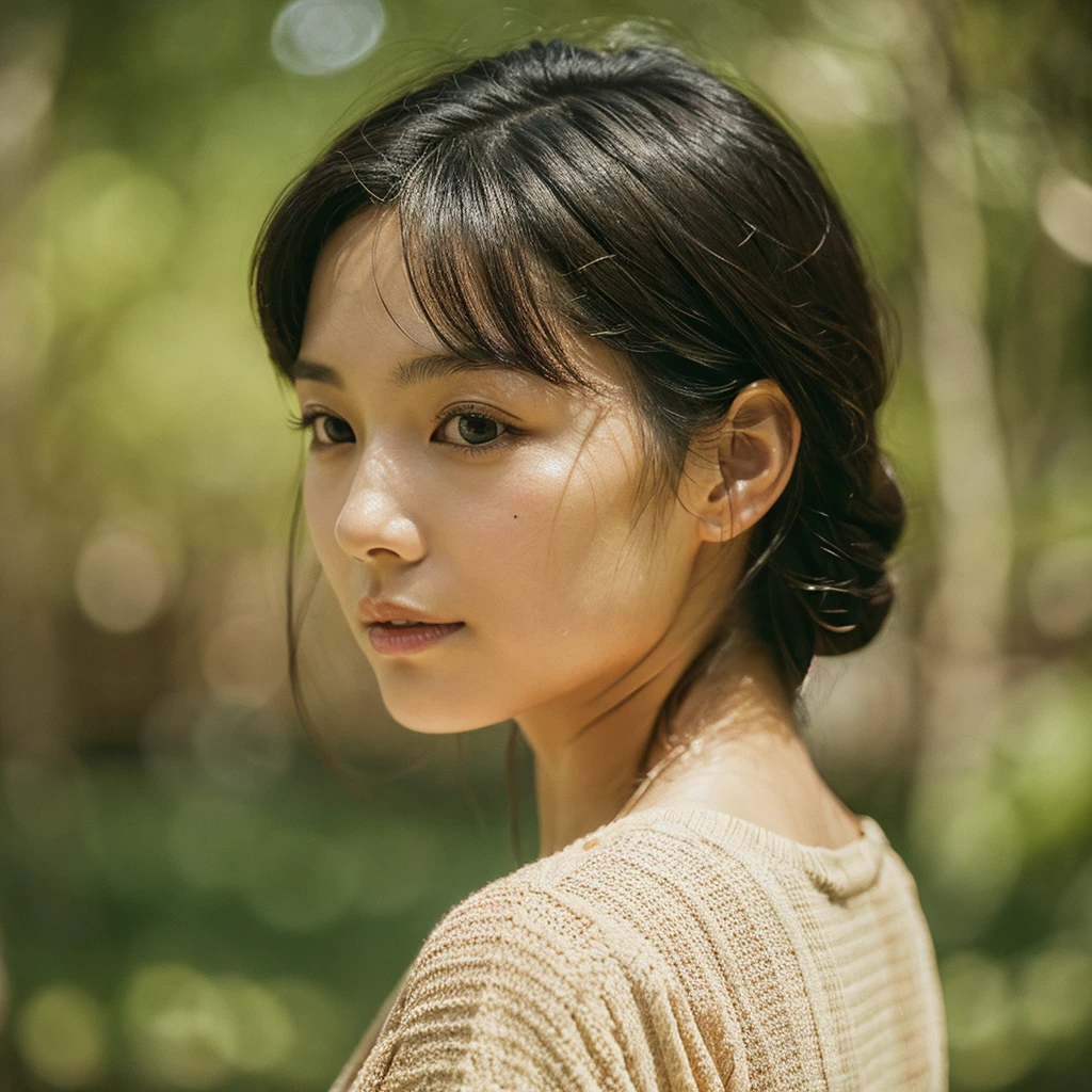 A hyper-realistic image of a single Japanese woman in her early 20s, captured with the nostalgic warmth and subtle graininess of a film camera. Her skin has a warm beige tone with a natural, slightly rough texture that includes visible pores, fine lines, and subtle imperfections such as small blemishes, adding to the authenticity of her appearance. The soft, diffused natural light enhances the film-like quality, casting gentle shadows that create a timeless, organic feel. Her straight, glossy black hair frames her face in a natural, slightly tousled manner, and her deep brown eyes reflect the ambient light, adding depth and emotion. The film camera effect introduces a slight grain and a softer focus, giving the image a warm, nostalgic atmosphere while maintaining the realistic texture of her skin. She is dressed simply, in a way that complements her natural beauty, with the overall composition designed to evoke a sense of genuine, understated elegance. The use of natural light, combined with the deliberately rougher texture of her skin and the film-like qualities, ensures that this image captures the imperfections that make her beauty truly lifelike, focusing solely on this one individual.