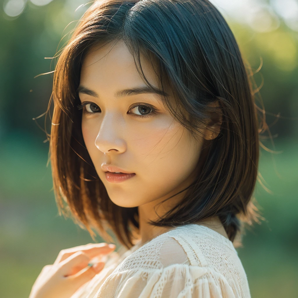 A hyper-realistic image of a single Japanese woman in her early 20s, captured with the nostalgic warmth and subtle graininess of a film camera. Her skin has a warm beige tone with a natural, slightly rough texture that includes visible pores, fine lines, and subtle imperfections such as small blemishes, adding to the authenticity of her appearance. The soft, diffused natural light enhances the film-like quality, casting gentle shadows that create a timeless, organic feel. Her straight, glossy black hair frames her face in a natural, slightly tousled manner, and her deep brown eyes reflect the ambient light, adding depth and emotion. The film camera effect introduces a slight grain and a softer focus, giving the image a warm, nostalgic atmosphere while maintaining the realistic texture of her skin. She is dressed simply, in a way that complements her natural beauty, with the overall composition designed to evoke a sense of genuine, understated elegance. The use of natural light, combined with the deliberately rougher texture of her skin and the film-like qualities, ensures that this image captures the imperfections that make her beauty truly lifelike, focusing solely on this one individual.