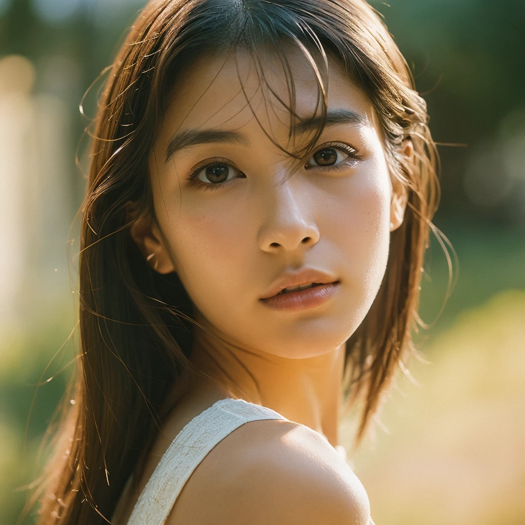 A hyper-realistic image of a single Japanese woman in her early 20s, captured with the nostalgic warmth and subtle graininess of a film camera. Her skin has a warm beige tone with a natural, slightly rough texture that includes visible pores, fine lines, and subtle imperfections such as small blemishes, adding to the authenticity of her appearance. The soft, diffused natural light enhances the film-like quality, casting gentle shadows that create a timeless, organic feel. Her straight, glossy black hair frames her face in a natural, slightly tousled manner, and her deep brown eyes reflect the ambient light, adding depth and emotion. The film camera effect introduces a slight grain and a softer focus, giving the image a warm, nostalgic atmosphere while maintaining the realistic texture of her skin. She is dressed simply, in a way that complements her natural beauty, with the overall composition designed to evoke a sense of genuine, understated elegance. The use of natural light, combined with the deliberately rougher texture of her skin and the film-like qualities, ensures that this image captures the imperfections that make her beauty truly lifelike, focusing solely on this one individual.