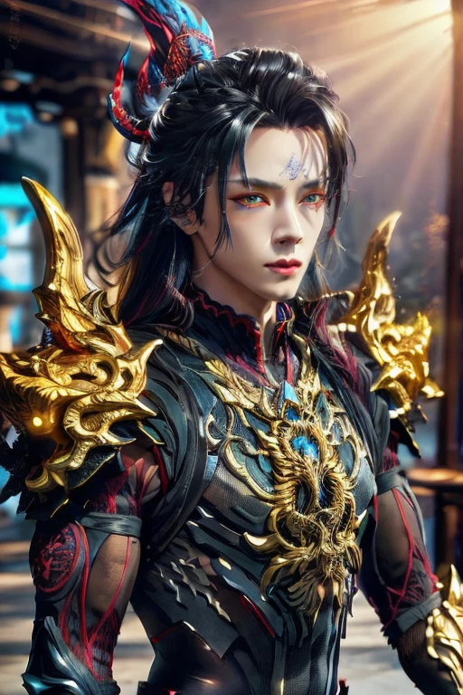 (Best Quality, 8K, Masterpiece, HDR, Soft Lighting, Picture Perfect, Realistic, Vivid), Male Humanoid Dragon (1.0),9 halo ring at back,circle shape ring at back super detailed,1 Guy, (((male))),light red lips, Perfect Face, Super Detailed Photo of a Magnificent Humanoid Dragon man with long black obsidian hair,red crimson eyes,red crimson eyes,eyes detailed,super ultra detailed eyes,reality eyes look((no noice)),pure purple and black dominant color armour,Beautiful anime fantasy, background blur, anime fantasy, Gouves style work, realistic: 1.37, long black obsidian hair, full lips, (((Curvy guy))), (Ultra high quality fantasy art) , Masterpiece , male model, ultra high quality male character designs, detailed 8k anime art, realistic anime art, highest quality wallpapers, intricate ultra high quality accurate male characters faces, red golden engraving runes lines on forehead((read about shape of runes and golden line shape of runes)),forehead detailed,high quality design and accurate physics (fantasy - ultra high quality) art) , dark  fantasy style), masterpieces, super high-quality characters, anime resolution - 8K, realistic anime art, wallpapers with the highest quality illustrations, ultra-high detail of faces, high-quality design and accurate physics), color, depth of field, shadows, ray tracing, high quality execution. -high quality and 8K resolution, (Accurate simulation of the interaction of light and materials)], [High-quality hair detail [Read more about beautiful and shiny black obsidian hair]], (Beautifully detailed hands [perfect fingers [Perfect nails]]], (perfect ??????? ( perfect proportions)))) [[Full height]], [Perfect combination of colors (Accurate imitation of the interaction of light and material)], [art that conveys the meaning of the story](modified)