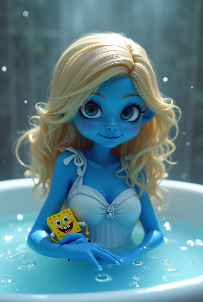 (1girl, smurfetteOC:1), cute, (hat, white dress:1.2), looking at viewer, (naked:1) (curvy), light smile, sexy,( colored skin, blue skin, blonde:1.2), (cartoon:1.2), (boobs:1) smol,
(simple background, particles:1), (full body:1),(showing:1.1) (boobs:1.2) ( seductive :1.1) (22., taking a bath totally (naked:1.1) holding a happy (Sponge Bob:1),(sensual:1.4) and (glistening:1.2)
(masterpiece:1.2), (best quality, highest quality), (ultra detailed), (8k, 4k, intricate), (50mm),