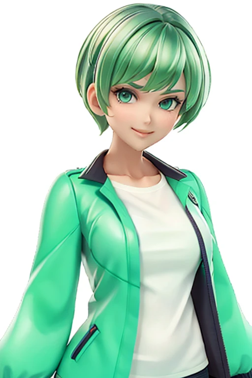 green hair,Emerald hair,short hair,short hair,bright face,upper body up,chest up,business woman,intellectual,smile,jacket,white shirt ,big bangs,beautiful bangs, laughter,drooling eyes, alone,Flow of hair that extends to the face,Big light blue eyes shine charmingly,green one piece,eyeliner,Shining white skin,