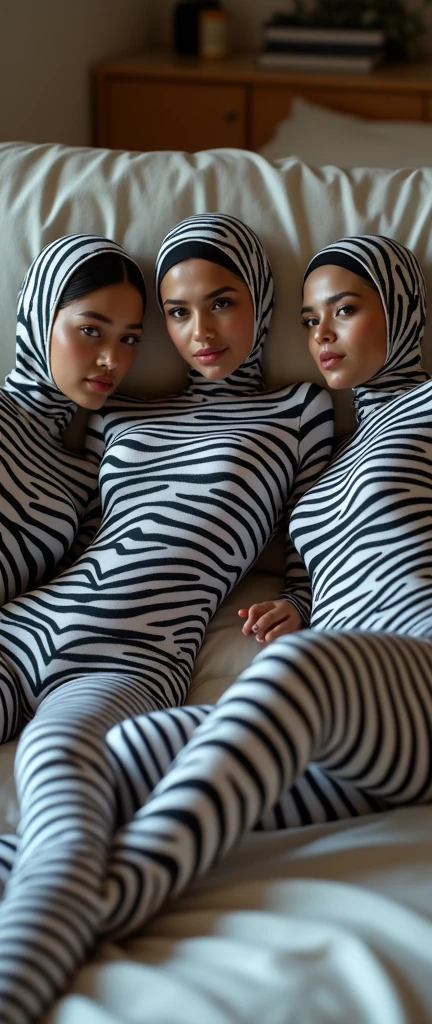 3 beautiful,thin,most pretty and clever Asian muslimah women with beautiful cheeks wear plains zebra print lycra footed turtleneck unitard catsuit covered with stripes and plains zebra print lycra elastane stretchy dancewear hood hijab covered with stripes.They are sleeping on the mattress