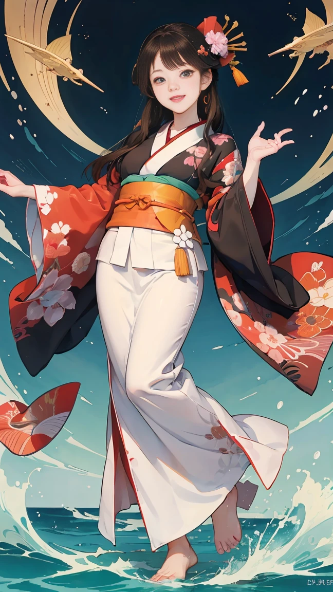 (SeaArt creates stunning illustrations of beautiful women in kimono)、Vividly colored Japanese Ukiyo-e style illustrations、A beautiful woman smiles and shows her upper white teeth、Brown-black long hair、Beautiful full body style、Let's dance a little Tokyo Ondo Yoiyoi、Beautiful new digital paintings,、Bright vibrant digital anime art、 Beautiful anime portraits、background、Torii gate of the Japan shrine、 Detailed digital anime art、