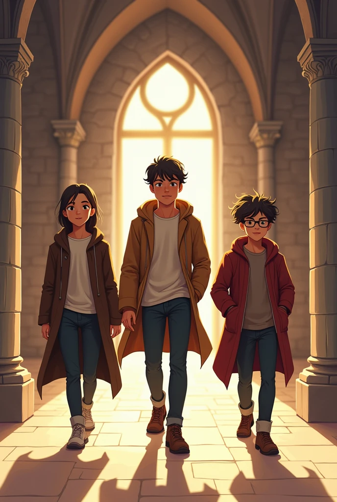 To create the illustration of the three friends walking down a castle hallway, I will imagine the scene based on the characters' descriptions:
**Description of the scene:**
- **Scenario**: A long, imposing corridor inside a castle, with stone walls, and large windows that let in the soft morning light. The floor is made of polished stone, creating a historic and grand atmosphere..
- **Personagens**:
- **Adam (18-years old)**: Walk in front, showing a serious and determined air. Your posture reflects a strong sense of responsibility, perhaps with arms crossed or a focused gaze ahead.
He is self and does not wear glasses - **Carlos (19yearsold)**: Está ao lado de Adam, wearing glasses that reflect light. He has a thoughtful and intellectual expression, perhaps holding a book or making a gesture that suggests reflection.
Wearing clothes in blue tones - **Julius (18-years old)**: Walks alongside or slightly behind the other two, With a smile on his face. He is the most relaxed, perhaps gesturing excitedly or looking at friends with a mischievous expression.
Wearing clothes with warm tones.
They are all practically the same height