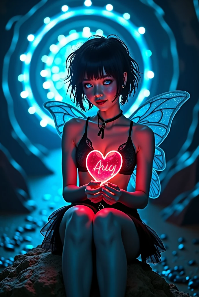 A beautiful and radiant woman, a friendly smile, luminous blue eyes, cute smile, Holding a magical [heart-shaped red]::5 light orb in her hands, the heart's glow illuminates her face, casting a soft and enchanting radiance. She has blue skin, angel wings, Gothic, stunning, a perfect and accentuated body with curves. A portrait of a whimsical and mysterious young forest fairy named Xuri, with long limbs and white angel wings. Short and elegantly messy black hair, cut at chin length, with captivating charm. Wearing a futuristic and captivating clubber outfit, she exudes an air of both elegance and edginess. She's seated on a rock inside a dark tunnel illuminated solely by LED lights on the ceiling, intricate details, high resolution